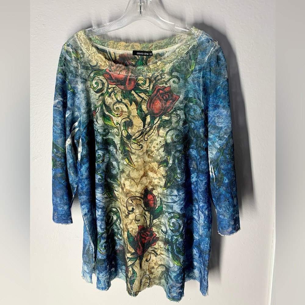 Gorgeous David Cline Lace Rose Tattoo 3/4 sleeve shirt 2X H002